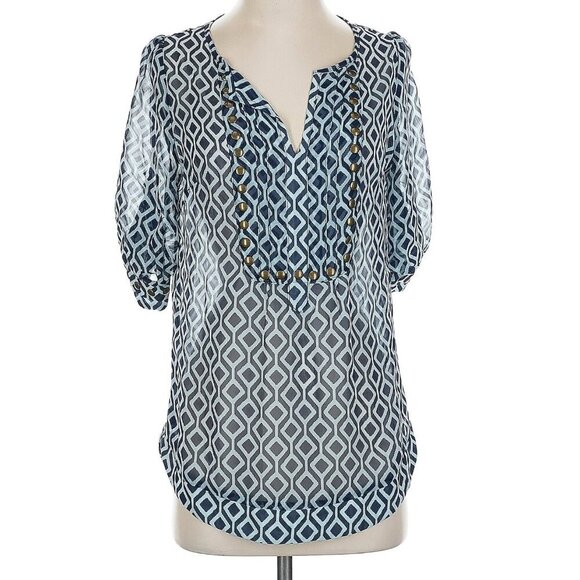 41 HAWTHORN STITCHFIX Moni Geo Camisole Blouse Navy Blue 3/4 Sleeve Boho Summer - Picture 1 of 11
